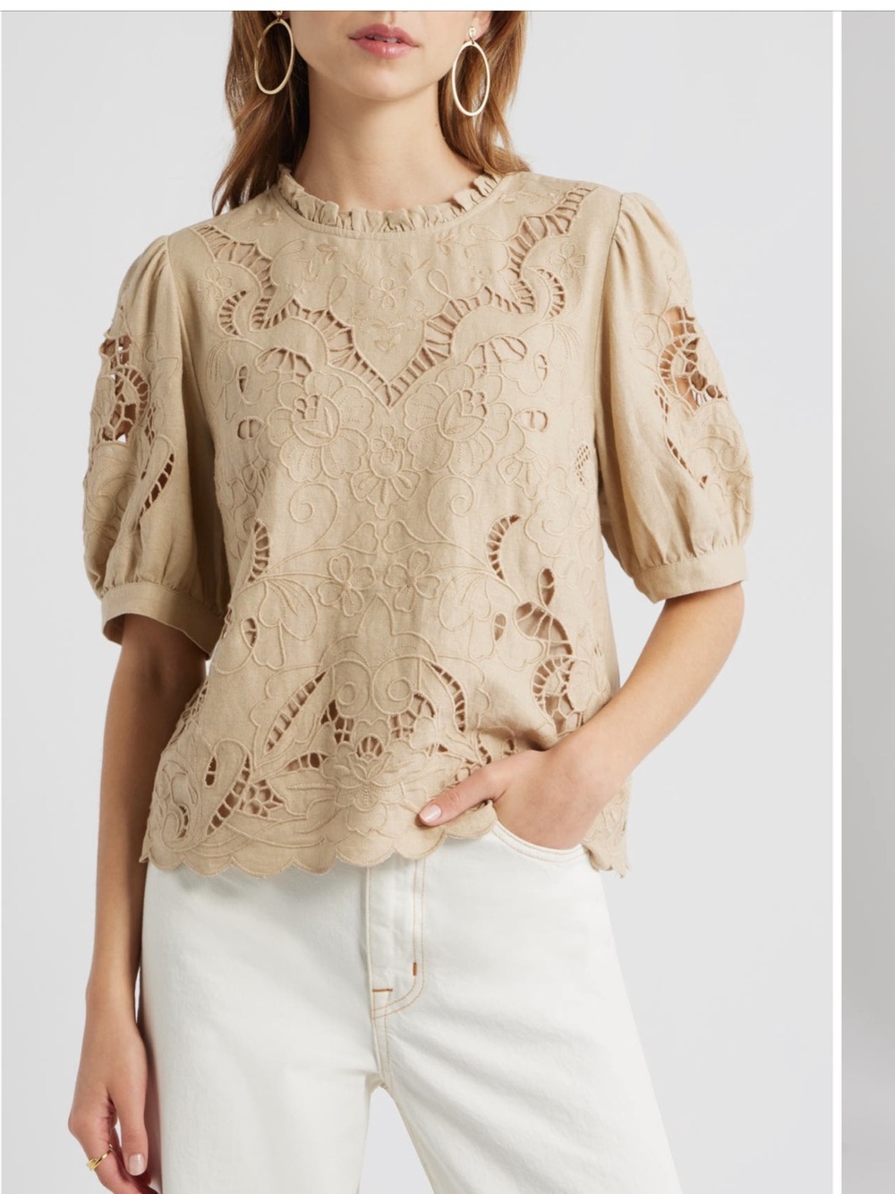 NWT  Treasure and Bond Cutout Puff-Sleeve Top in Beige